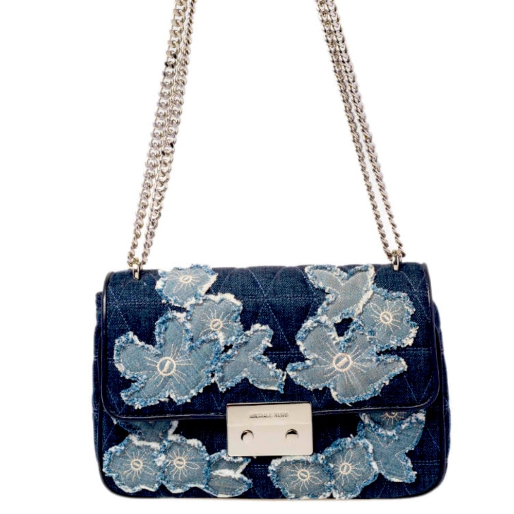 Michael Kors Blue Floral Denim Sloan Shoulder Bag